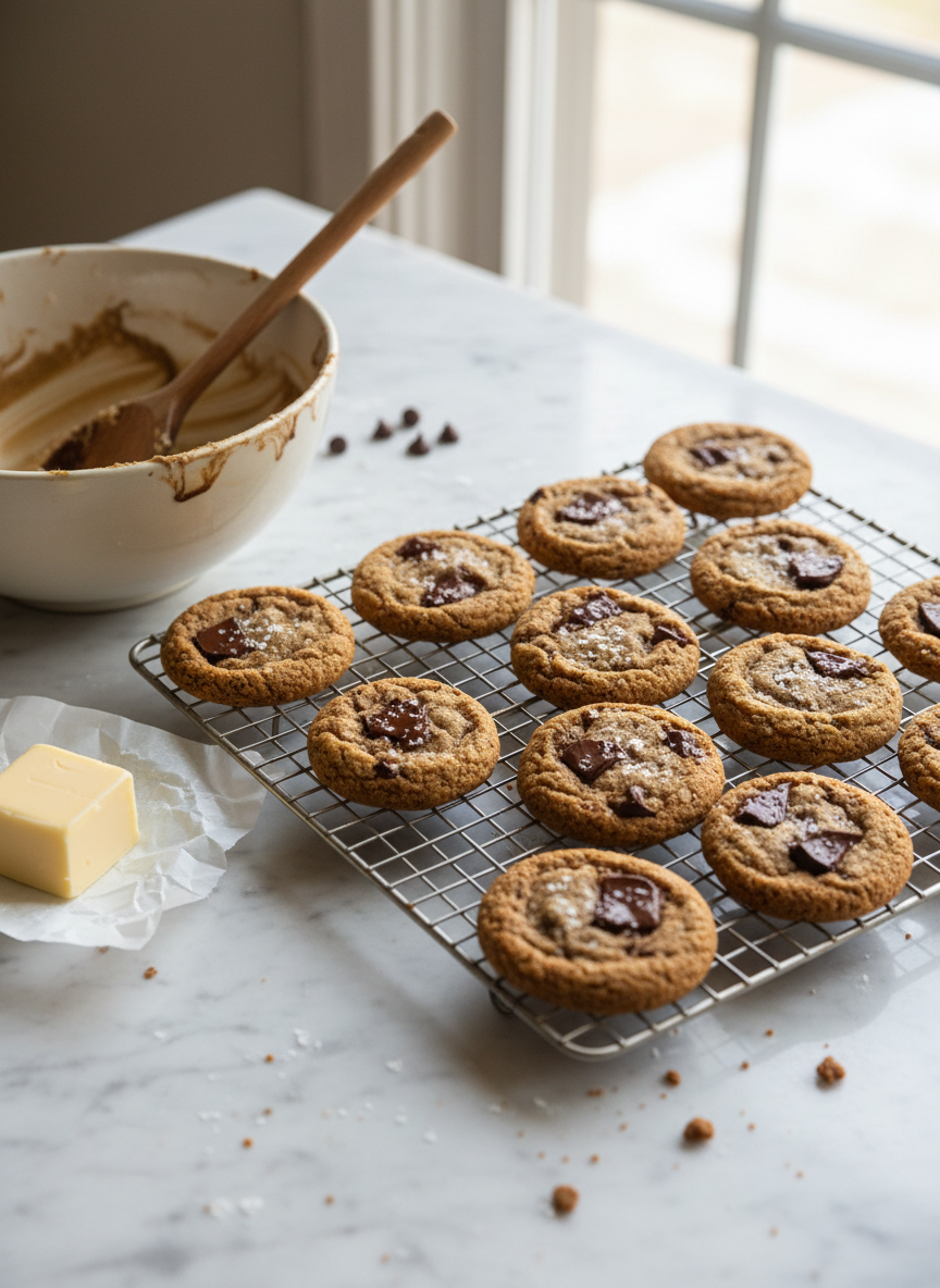 A playful baking scene with a wire rack of freshly baked, slightly imperfect chocolate chip cookies, some studded generously with melting dark chocolate chunks and a sprinkle of flaky sea salt. A mixing bowl streaked with leftover dough, a wooden spoon, and a pat of softened butter on parchment add to the story. The setup rests on a light marble countertop dusted with a few stray crumbs. Bright, natural daylight pours in from a nearby window, creating cheerful highlights and soft, long shadows. Shot from a slightly elevated angle in photographic realism, with a clean, modern aesthetic and shallow depth of field, the mood is fun, relaxed, and encouraging for home bakers following Isak Eldar’s recipes.