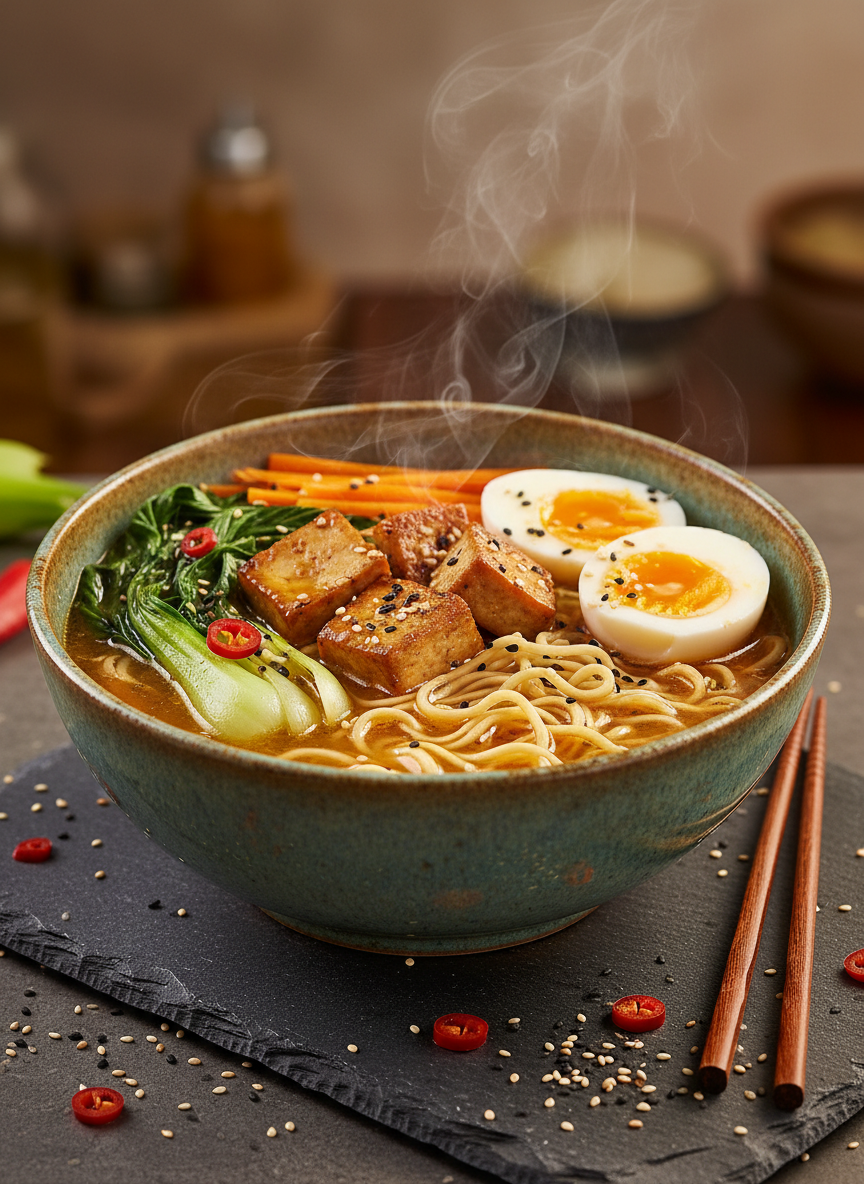 A deep ceramic bowl brimming with colorful vegetable ramen: wavy noodles submerged in rich amber broth, topped with bright orange carrots, emerald bok choy, marinated tofu cubes, and a perfectly set soft-boiled egg. Tiny droplets of steam rise gently from the surface. The bowl sits on a dark slate board with scattered sesame seeds, sliced chili, and a pair of resting chopsticks. Warm, moody studio lighting from above and slightly behind creates dramatic highlights on the broth and a subtle glow on the vegetables. Photographic realism with an eye-level composition and soft bokeh background evokes a playful yet comforting atmosphere, celebrating fusion flavors and detailed recipes.