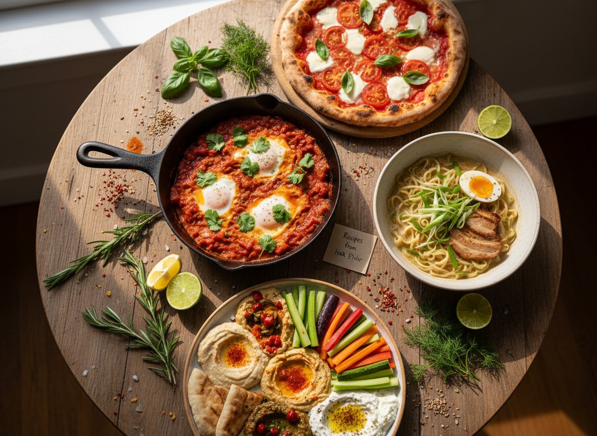 A vibrant overhead photograph of a rustic wooden table filled with an eclectic feast of recipes from Isak Eldar: a bubbling cast-iron skillet of tomato-rich shakshuka, a glossy bowl of creamy ramen with bright green scallions, a charred Neapolitan-style pizza, and a colorful mezze platter of dips and flatbreads. Fresh herbs, sliced citrus, and scattered spices decorate the table like playful confetti. Soft, diffused afternoon light from the side creates gentle highlights on the sauces and oils, with subtle shadows between dishes. Shot in photographic realism with a shallow depth of field and balanced composition, the mood is joyful, inviting, and slightly playful, hinting that every dish has a story and a recipe behind it.
