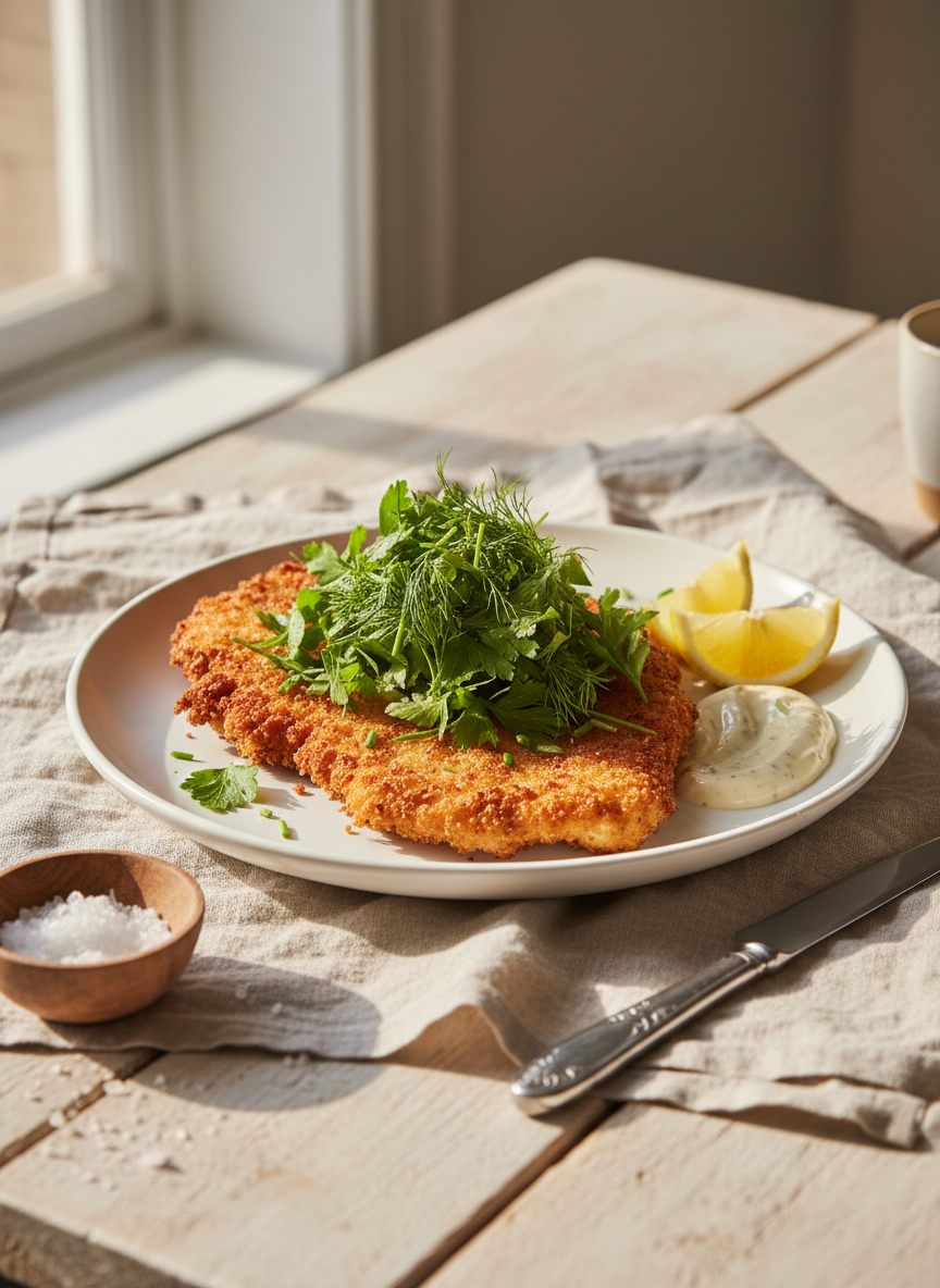 A single, perfectly styled plate of golden, crispy chicken schnitzel topped with a playful tangle of fresh herb salad, served beside lemon wedges and a swirl of creamy sauce. The plate rests on a light linen cloth over a pale wooden table, with a small bowl of coarse salt and a knife resting nearby. Soft morning light streams in from the left, casting delicate shadows and making the breading sparkle. Shot at a three-quarter angle with photographic realism and a shallow depth of field, the mood is cozy and approachable, highlighting home-cooked comfort while still feeling clean, modern, and recipe-focused.